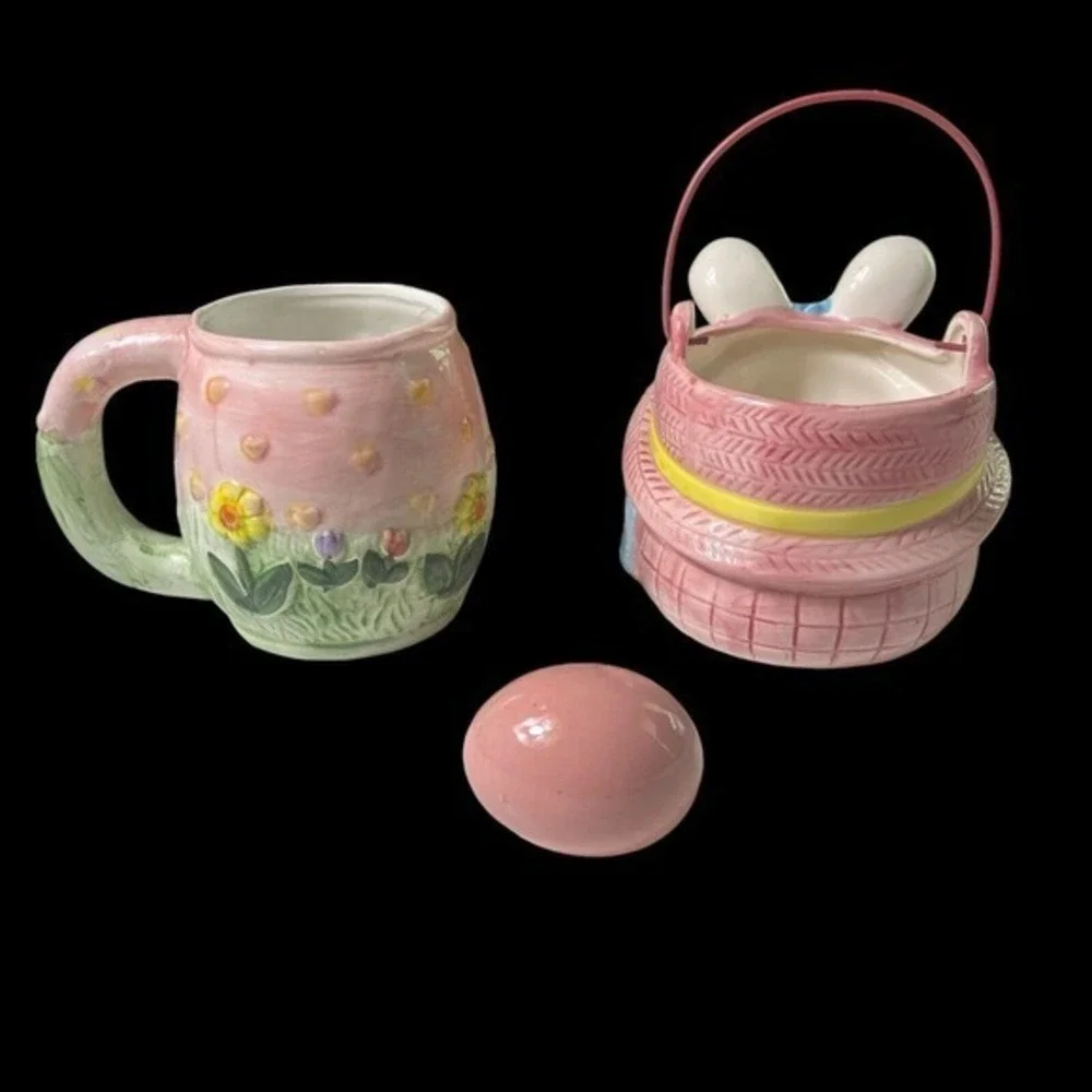 Vintage 2004 Ceramic Easter Bunny Mug Bunny Basket Jar Pink‎ Egg Collectibles